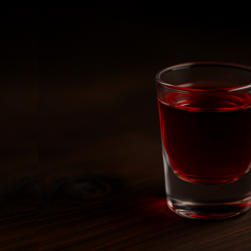 Nahaufnahme eines gefüllten Shotglases mit rotem Likör auf dunklem Holztisch in stimmungsvoller Beleuchtung.