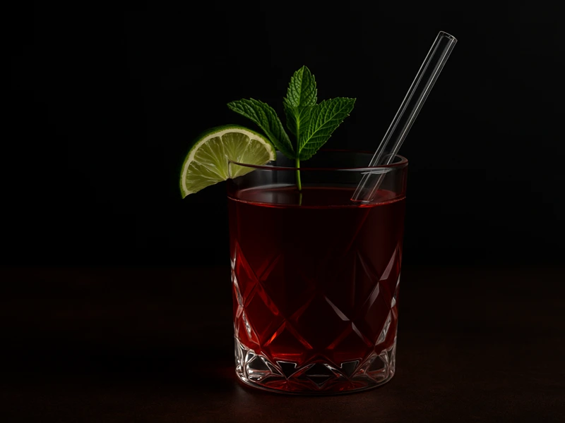 Drink im Kristallglas mit rotem Getränk, Glastrinkhalm, Limettenscheibe und Minze vor schwarzem Hintergrund.